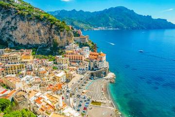 Wall Mural - Atrani on Amalfi Coast, Italy. Aerial photo of famous city Atrani located on Amalfi Coast in Italy