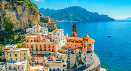 Wall Mural - Atrani on Amalfi Coast, Italy. Aerial photo of famous city Atrani located on Amalfi Coast in Italy