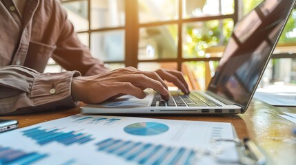 Poster - Hands Typing on Laptop With Business Charts in Background
