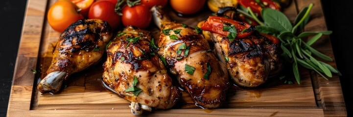 Grilled chicken served with fresh tomatoes and herbs on a wooden board, a perfect dish for a summer barbecue.