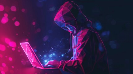Poster - Abstract polygonal hacker with laptop on technology dark background. Cyber attack and cyber security concepts. Computer hacking. Digital technology. Man in hoodie. 3D low poly vector illustration. 