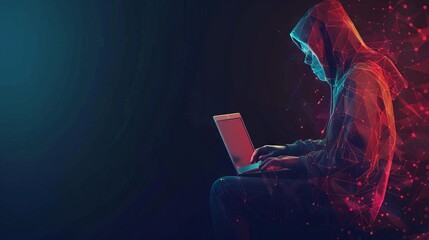 Poster - Abstract polygonal hacker with laptop on technology dark background. Cyber attack and cyber security concepts. Computer hacking. Digital technology. Man in hoodie. 3D low poly vector illustration. 