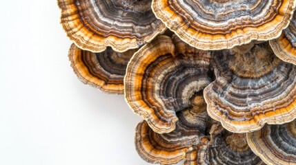 Poster - Close-up of organic turkey tail mushrooms with detailed striations and vibrant colors, set on a white background.