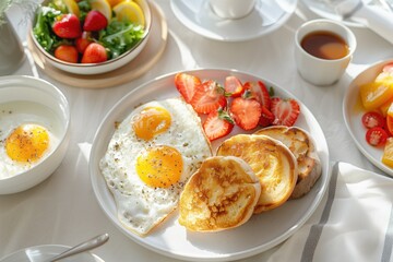 Wall Mural - Beautiful breakfast scrambled eggs pancakes and greens lay on a white plate with beautiful rays of morning sunshine