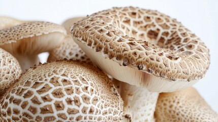 Fototapete - Close-up of the caps of Matsutake mushrooms, highlighting their intricate details on a white background.