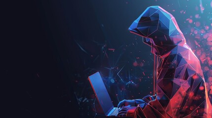Poster - Abstract polygonal hacker with laptop on technology dark background. Cyber attack and cyber security concepts. Computer hacking. Digital technology. Man in hoodie. 3D low poly vector illustration. 