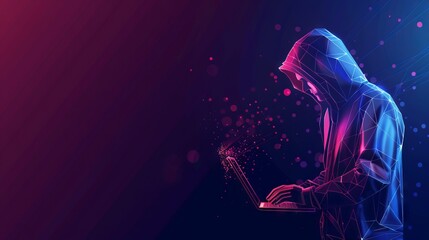 Poster - Abstract polygonal hacker with laptop on technology dark background. Cyber attack and cyber security concepts. Computer hacking. Digital technology. Man in hoodie. 3D low poly vector illustration. 