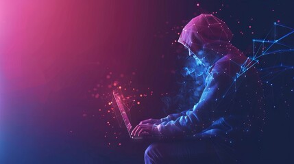 Poster - Abstract polygonal hacker with laptop on technology dark background. Cyber attack and cyber security concepts. Computer hacking. Digital technology. Man in hoodie. 3D low poly vector illustration. 