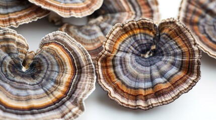 Poster - Close-up of organic turkey tail mushrooms with detailed striations and vibrant colors, set on a white background.
