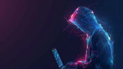 Poster - Abstract polygonal hacker with laptop on technology dark background. Cyber attack and cyber security concepts. Computer hacking. Digital technology. Man in hoodie. 3D low poly vector illustration. 