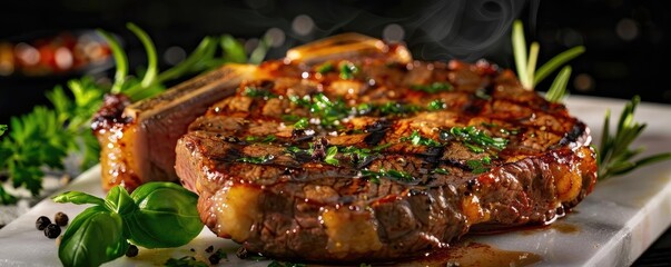 Wall Mural - Deliciously grilled steak served with fresh herbs, showcasing mouthwatering textures and flavors perfect for gourmet dining.