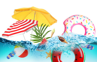 Wall Mural - Summer creative collage with beach stuff in water on white background