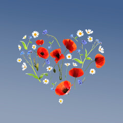 Poster - Heart made of meadow flowers on blue gradient background