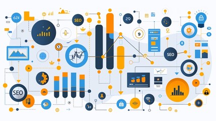 Sticker - Abstract design with visual appeal, highlighting the key components of SEO analytics and their role in improving website performance and search engine rankings. high resolution Illustration, in the