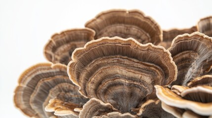 Poster - Detailed view of a cluster of turkey tail mushrooms, with their unique shapes highlighted against a white background.