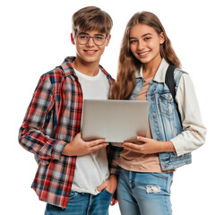 Poster - Two young students smiling together and holding a laptop, isolated on transparent background