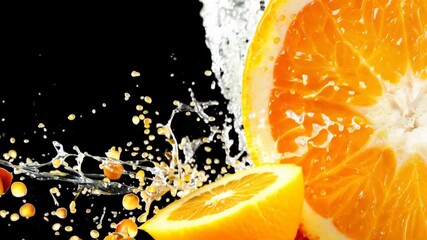 Poster - A close up of an orange with water splashing out of it. The orange is cut in half and the water is coming out of the cut