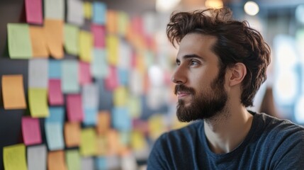 Poster - Entrepreneur brainstorming ideas with sticky notes on a wall, looking enthusiastic.