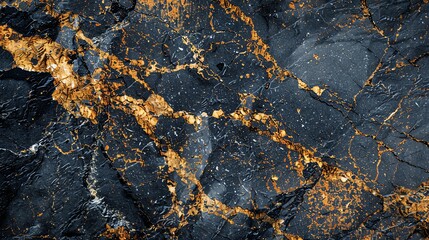 A close-up shot of a textured, black marble surface with gold veins.