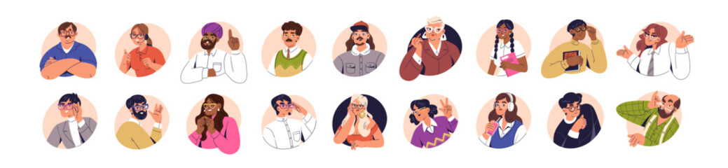 people in glasses, avatars set. diverse characters wearing spectacles, eyeglasses. men and women loo