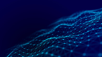 Fototapete - Abstract blue futuristic background. Technological wave of information data flow. 3D rendering.