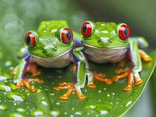 two frogs perched on a green leaf