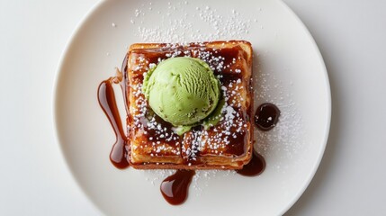 Poster - Honey toast topped with a scoop of matcha ice cream and red bean paste, photographed from above on a white background.