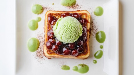 Poster - Honey toast topped with a scoop of matcha ice cream and red bean paste, photographed from above on a white background.