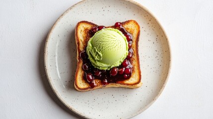 Poster - Honey toast topped with a scoop of matcha ice cream and red bean paste, photographed from above on a white background.