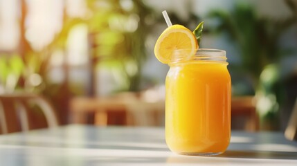Aufkleber - Honey lemon juice in a glass jar with a straw and lemon garnish,