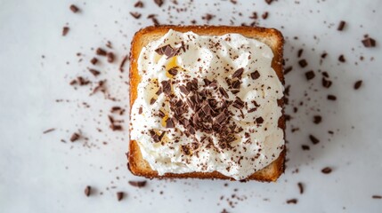 Poster - Honey toast topped with whipped cream and chocolate shavings, photographed from above on a white background