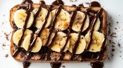 Poster - Honey toast with a drizzle of chocolate sauce and fresh banana slices, photographed from above on a white background.