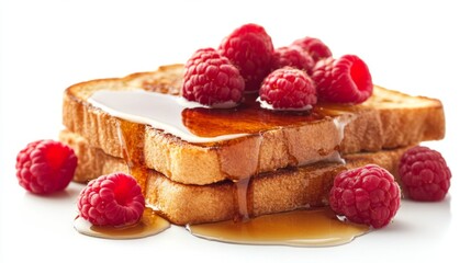 Poster - Honey toast with a generous drizzle of maple syrup and fresh raspberries, isolated on a white background.