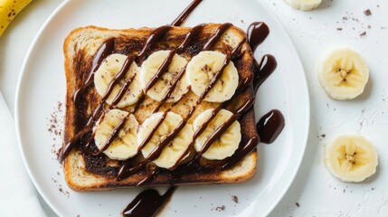 Poster - Honey toast with a drizzle of chocolate sauce and fresh banana slices, photographed from above on a white background.