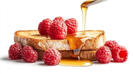 Poster - Honey toast with a generous drizzle of maple syrup and fresh raspberries, isolated on a white background.