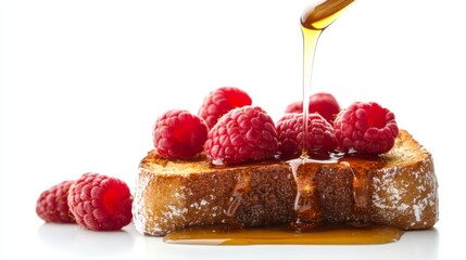 Poster - Honey toast with a generous drizzle of maple syrup and fresh raspberries, isolated on a white background.