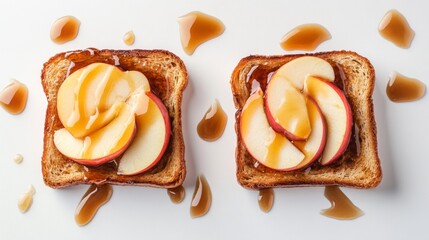 Poster - Honey toast with caramel drizzle and sliced apples, photographed from above on a white background.