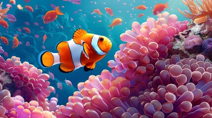 Wall Mural - A vibrant clownfish swims among colorful coral reefs, showcasing the beauty of underwater life and marine biodiversity.