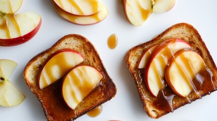 Poster - Honey toast with caramel drizzle and sliced apples, photographed from above on a white background.