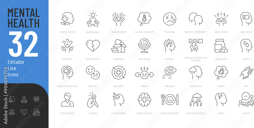 Mental Health Line Editable Icons set. Vector illustration in modern ...