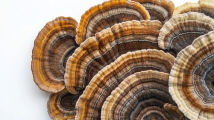 Poster - Organic turkey tail mushrooms arranged artistically, focusing on their intricate details on a white background.