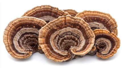 Poster - Organic turkey tail mushrooms arranged in a fan shape, showing their intricate patterns on a white background.