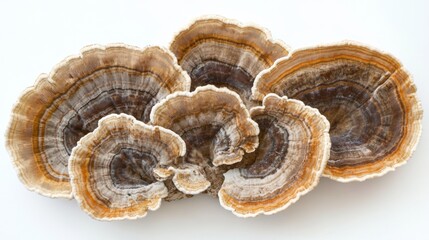 Poster - Organic turkey tail mushrooms arranged in a fan shape, showing their intricate patterns on a white background.