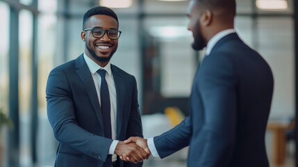 Poster - Passionate businessman shaking hands with a new partner, both smiling, in a modern office setting.