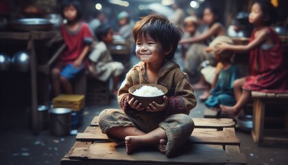 a poor boy eating