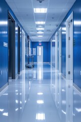  Modern Hospital Corridor with Blue Walls and Shiny White Floors Under Bright Fluorescent Lighting