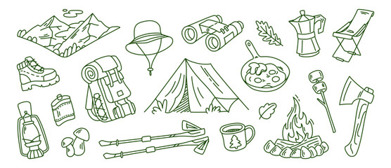 hand-drawn camping and hiking equipment