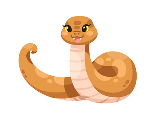 Poster - Funny snake. Cute happy python, joyful excited viper smiling and laughing. Adorable joyous animal character in kids kawaii style. Flat cartoon vector illustration isolated on white background