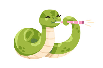 Poster - Funny snake playing music. Cute happy animal character holding pipe. Adorable kawaii lovely viper musician with instrument in tail. Flat cartoon vector illustration isolated on white background