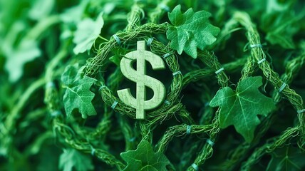 A vibrant representation of finance, featuring a green dollar sign surrounded by lush leaves, symbolizing growth and prosperity.